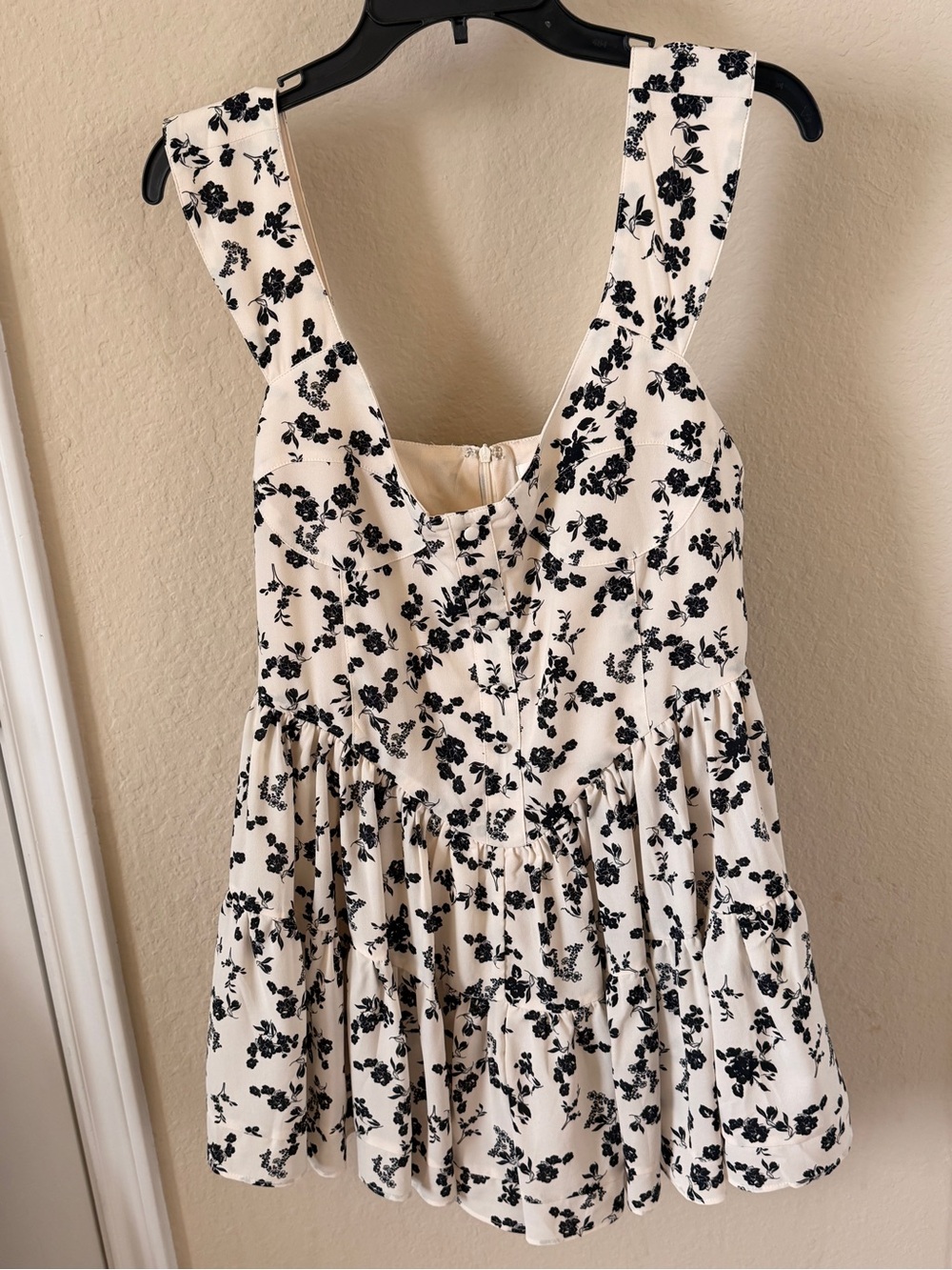 Cream Floral Tiered Romper with Black Print